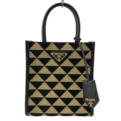 プラダ トートバッグ プラダ シンボル エンブロイダリーファブリック ミニバッグ 1BA355 黒×ベージュ トライアングルジャガード レザー
