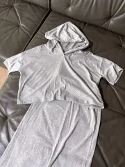 レディース グレー フード 半袖T + ロング スカート セット