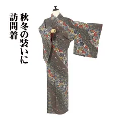 縮緬訪問着 袷 正絹 小豆色 薄グレー 鳥 菊 笹 青海波 幾何文様 流水 Mサイズ ki31502 美品 セミフォーマル カジュアル 送料無料