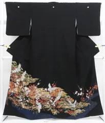 【一輝堂】黒留袖 五つ紋 金彩 松竹梅 鶴 比翼仕立て 正絹 着物 身丈約162.5cm 裄丈約68cm 25z12-6674