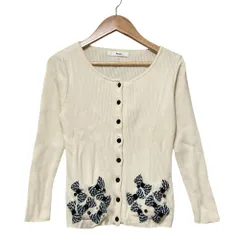 美品 Rene ルネ リボンポケット クルーネック リブニットカーディガン サイズ36 アイボリー レディース 古着 中古 USED