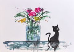 原画#72 黒猫 猫 花 水彩画 ドローイング インテリア アート イラスト