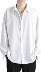 Flame Ark(フレイムアーク) ゆったりシルエット シャツ メンズ 長袖 半袖 ノンアイロン カジュアル トップス シンプル おしゃれ 上着 メンズ服 オフィス ビジネス ファッション 無地 shirt 薄手 (ホワイト,  XL)