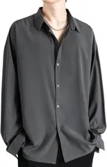 Flame Ark(フレイムアーク) ゆったりシルエット シャツ メンズ 長袖 半袖 ノンアイロン カジュアル トップス シンプル おしゃれ 上着 メンズ服 オフィス ビジネス ファッション 無地 shirt 薄手 (グレー,  3XL)