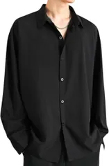 Flame Ark(フレイムアーク) ゆったりシルエット シャツ メンズ 長袖 半袖 ノンアイロン カジュアル トップス シンプル おしゃれ 上着 メンズ服 オフィス ビジネス ファッション 無地 shirt 薄手 (ブラック,  L)