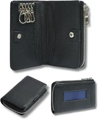 Ventury キーケース カード入れ付き ミニ財布 マルチケース スマートキーケース 本革 4連フック付き コンパクト 人気 便利 カードケース 小銭入れ 多機能 軽量 (ブラック)