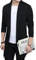 Flame Ark(フレイムアーク) ロングカーディガン メンズ ニット 秋 冬 ロングニット 長袖 アウター トップス セーター 羽織り 秋服 立ち襟 ビジネス カジュアル 薄手 サマーセーター (ブラック,  M)