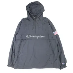 美品 Champion チャンピオン アノラックジャケット パーカー ナイロン素材 プルオーバー ロゴ アウター XL 黒 ブラック メンズ 古着 中古 USED