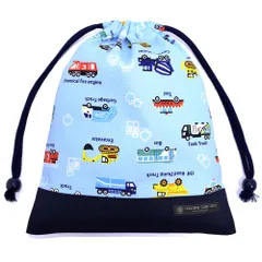 COLORFUL CANDY STYLE 新品  巾着 中 マチ無し給食袋(ネームタグ付き) アクセル全開はたらく車(ライトブルー)