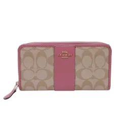 良品 COACH コーチ 54630 シグネチャー ラウンドファスナー アコーディオンジップ ウォレット 長財布 ベージュ ピンク レディース 古着 中古 USED