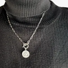 匿名配送　シルバー コイン　マンテル　ラリエット　チェーンネックレス　ステンレス