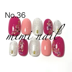 No.36ピンク＆ホワイトラメ桜ネイルチップ ハンドメイド ジェルコート済 オーバル さくら サクラ 春ネイル