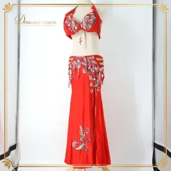 ベリーダンス オリエンタル 衣装 上下セット レッド系 トップス スカート アーム飾り 腕飾り ラインストーン ビーズ スパンコール キラキラ フリンジ 赤 豪華 装飾 ダンス衣装 スリット 鮮やか 華やか ゴージャス アーム シルバー系 ベージュ系