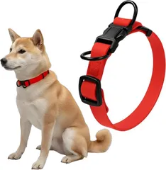 Fun Time For Dogs 犬 首輪 ダブルリング 首周り42～63cm 幅2.5cm 中型犬 大型犬 PVC 犬用 防水 防汚 アウトドア (レッド,  M (首周り34～48cm/幅2.0cm))