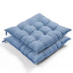 新品 AIFY 座布団 椅子 クッション 厚め 紐付き 2枚セット ふわふわ 麻風 無地 オールシーズン シートクッション ダイニングチェア用 42x42x5cm ブルー 2枚セット