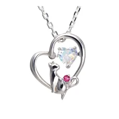 【新品】 [未来天使] WEB限定色 ネックレス レディース ハート 猫 ダンシングストーン シルバー 選べる 誕生石 【オーロラ】 (７月：ルビー) 1