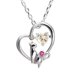 【新品】 [未来天使] ネックレス レディース ハート 猫 ダンシングストーン シルバー 選べる 誕生石 【シャンパンゴールドカラー】 7月 ルビー 1