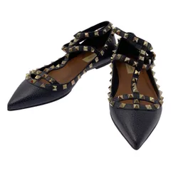 【美品】  VALENTINO GARAVANI / ヴァレンティノガラヴァーニ | ロックスタッズ フラット ポインテッドトゥ パンプス | 38 | ダークネイビー/ゴールド | レディース