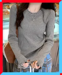 新品 レディース フリル リブニットトップス クルーネック 秋冬 スリム 着やせ 細見え 韓国風【送料無料】
