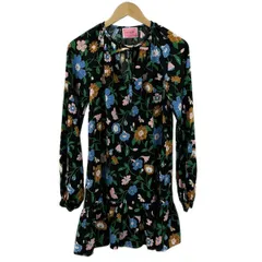 Kate spade(ケイトスペード) ワンピース サイズXS レディース美品  - 黒×ブルーグレー×マルチ Vネック/長袖/ひざ丈/花柄