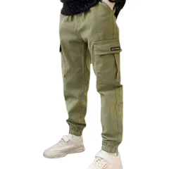 ☆ グリーン ☆ 150cm ☆ キッズカーゴパンツ キッズ カーゴパンツ 男の子 カーゴ パンツ ジュニア キッズパンツ ロングパンツ 長ズボン ボトムス 子供服 コットン ボーイズ ガールズ 子供 子ども 女の子 小学生 中学生 無地 通園 通学