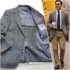 【不朽の帝王】 J.PRESS Harris Tweed テーラードジャケット メンズ M グレー ヘリンボーン 段返り3B ブレザー ウール ツイード 80s ヴィンテージ アメトラ アイビー 紳士服 秋冬 ジェイプレス ハリスツイード