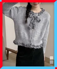 新品 レディース フリルカラー ニットカーディガン リボン クルーネック 甘め コンパクト 春 長袖 無地【送料無料】