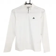 【超美品】アディダス 長袖ハイネックシャツ 白 ボーダー地模様 ロゴ刺しゅう ハーフジップ レディース S/P ゴルフウェア adidas