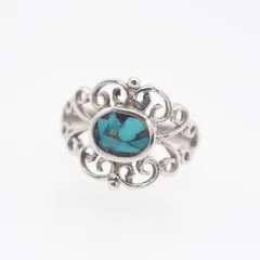 L459 ターコイズ風 リング インレイ 透かし彫り デザイン シルバー 指輪 8号