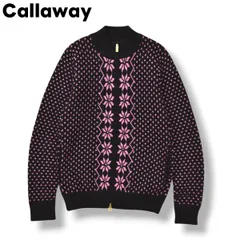 【美品】 キャロウェイ Callaway エックスシリーズ X SERIES ウォーム スポーツ WARM SPORT ドライバーズ ニット セーター ジップアップ カーディガン LL ノルディック柄 ブラック x ピンク ゴルフ カジュアル レディース ♪