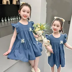 子供服 ワンピース フレア袖 子供服 女の子  デニム ブルーワンピース  キッズ 女児 小学生 キッズ 可愛い おしゃれ カジュアル   90cm 100cm 110cm 120cm 130cm  jinrui06