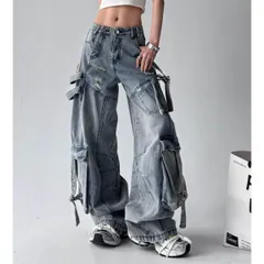 デニムパンツ カーゴパンツ 個性的 ストリート エッジ Y2K レディース 体型カバー ルーズ ワイド カーブ ポケット ベルト ユーティリティ