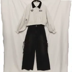 GRL グレイル えり付きショート丈スウェット×ハイウエストワイドパンツ 杢グレー/ブラック F/M ◇○