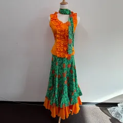 フラメンコ衣装 ツーピース フリル オレンジ グリーン 柄物 スカーフ付き