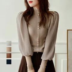 バルーン袖 リブニットトップス 韓国ファッションバルーン袖 リブニットトップス 韓国ファッション(T)