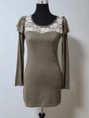 ブラウン コーヒー レイ バイカラー ショルダー フリル ロングTシャツ 兼 ミニONE PIECE