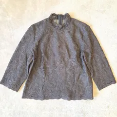 【日本製】総レース ブラウス／ 9号 ハイネック 七分袖 チャコールグレー 上品／AquaScutum　レナウン取扱