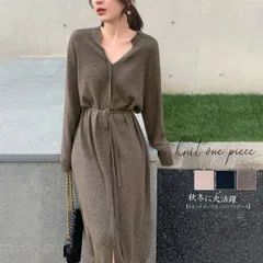 キーネック ニットワンピース レディース セーターワンピース 暖かい ロングワンピ(T)