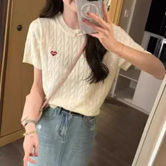 ワンポイントハート刺繍 半袖サマーニットトップス (T)