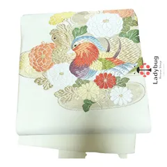 汚れあり　名古屋帯　おしどり 花鳥　豪華刺繍　クリーム色　汚れあり