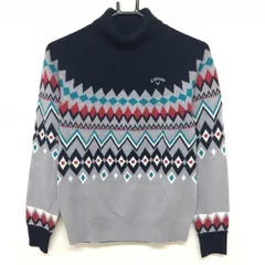 キャロウェイ ハイネックセーター グレー×ネイビー ノルディック柄 ロゴ刺しゅう ニット ウール混 レディース S ゴルフウェア Callaway