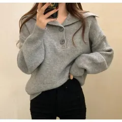 ニットセーター レディース トップス セーラーカラー 襟付きセーター 大きめ襟 前ボタン ドロップショルダー サイドスリット ラウンドネッ