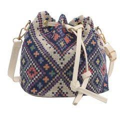 ショルダー巾着バッグ（幾何学青）カジュアルサコッシュ鞄布バックポシェット