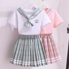 可愛い女の子 学園制服 半袖シャツ ショート丈 プリーツスカート 蝶リボン 子供服 夏ウエア スクールウエア 女子制服 JK制服 可愛い 小学生 中学生 学園祭 合唱 団体 お揃い服 マリン風 セーラー服 コスチューム ピンク グリーン