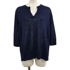 サマンサモスモス SM2 blue セーター ニット プルオーバー スリットネック 薄手 無地 七分袖 L 紺 ネイビー