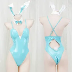 スカイ色 バニーガール コスプレ レオタード レザー風 うさ耳 カチューシャ 蝶リボン 襟 尻尾 セクシー コスチューム レディース クラブ ステージ 衣装 ハロウィン 撮影 仮装 大胆 アダルト コスプレイヤー パーティー 衣装 イベント ダンス セクシーコ