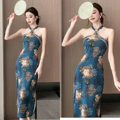 紺色 袖なし ロング丈 パーティードレス (T)