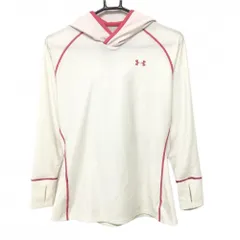 【超美品】アンダーアーマー フード付長袖Ｔシャツ 白×ピンク ステッチ 裏微起毛 レディース LG ゴルフウェア UNDER ARMOUR