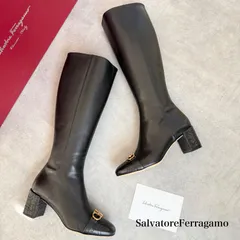 極美品 SalvatoreFerragamo サルヴァトーレフェラガモ ガンチーニ ロングブーツ カーフレザー ブラック ゴールド金具 キルティング ダブルガンチーニ 9D レディースシューズ 25.5cm 大きいサイズ L11