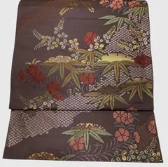 R-1546　帯　名古屋帯　京袋帯　レディース 　ポリエステル　ブラウン系　六通